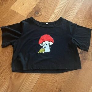 Amazon Black and Red Crop Top with Whimsical Mushroom Design